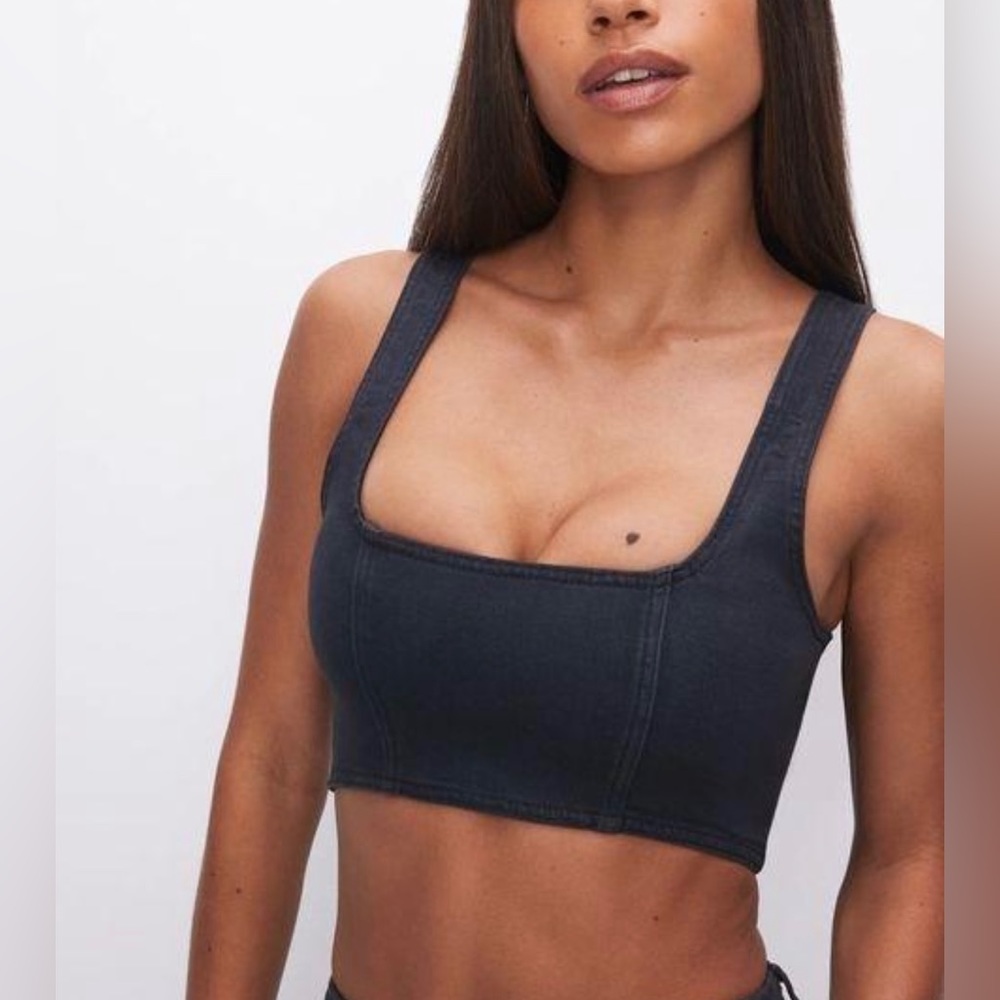 Good American Black Compression Denim Sports Bra